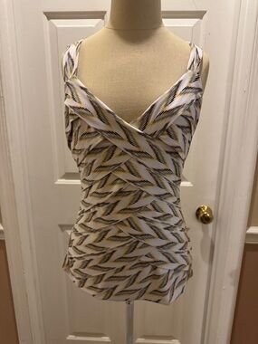 WHBM Sleeveless Printed V-Neck Tank Top - White with Yellow & Black Pattern